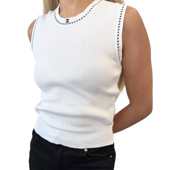 CHANEL Vintage 96P CC Mark Logo Knit Tank Top #42 White Black Cotton [106470] - Picture 3 of 14